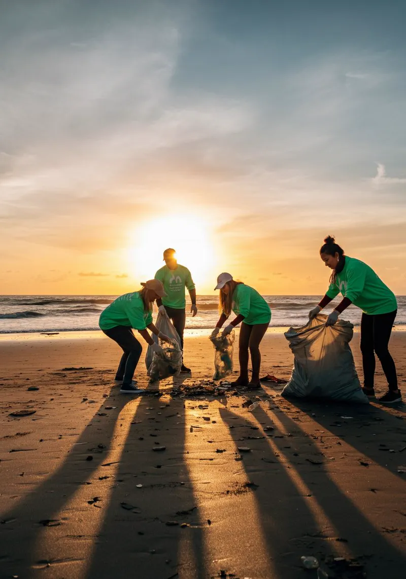Equipe de camiseta verde recolhendo lixo na praia ao pôr do sol.