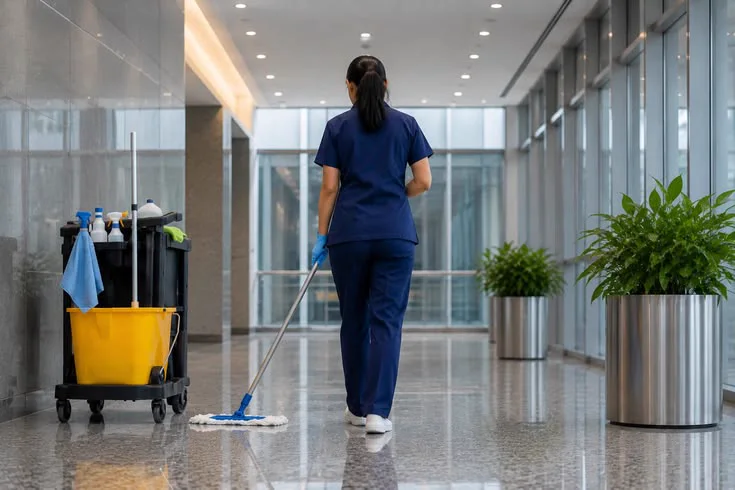 Profissional de limpeza passando mop no piso de um corredor corporativo, com o carrinho de produtos ao lado.